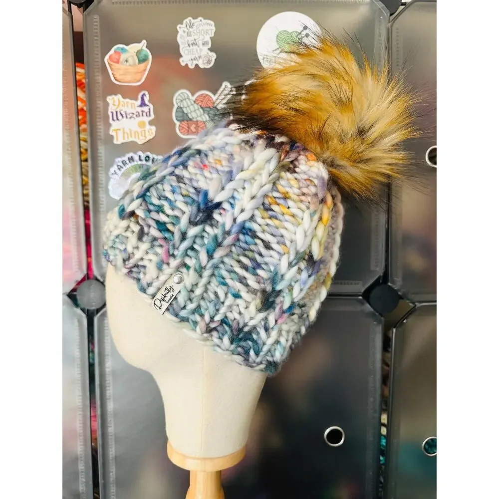 Handmade Scrappy Merino Wool Beanie: Colorful Winter Hat with Faux Fur Pom
